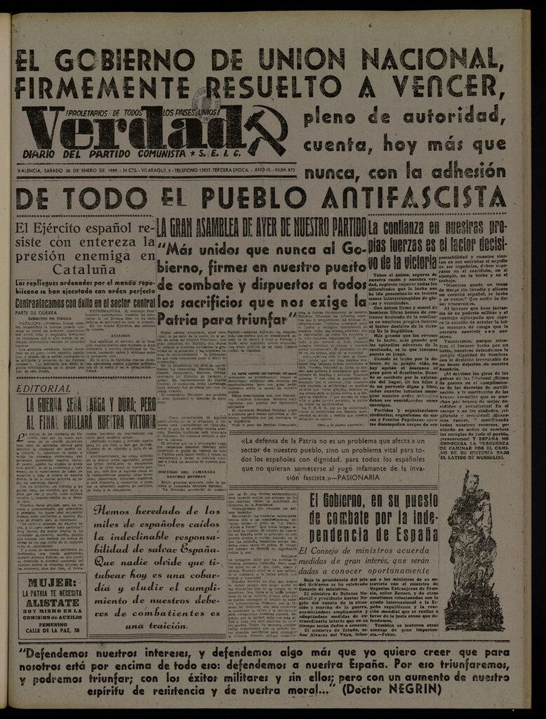 Miniatura de La Verdad: órgano del Partido Comunista del 28 de enero de 1939