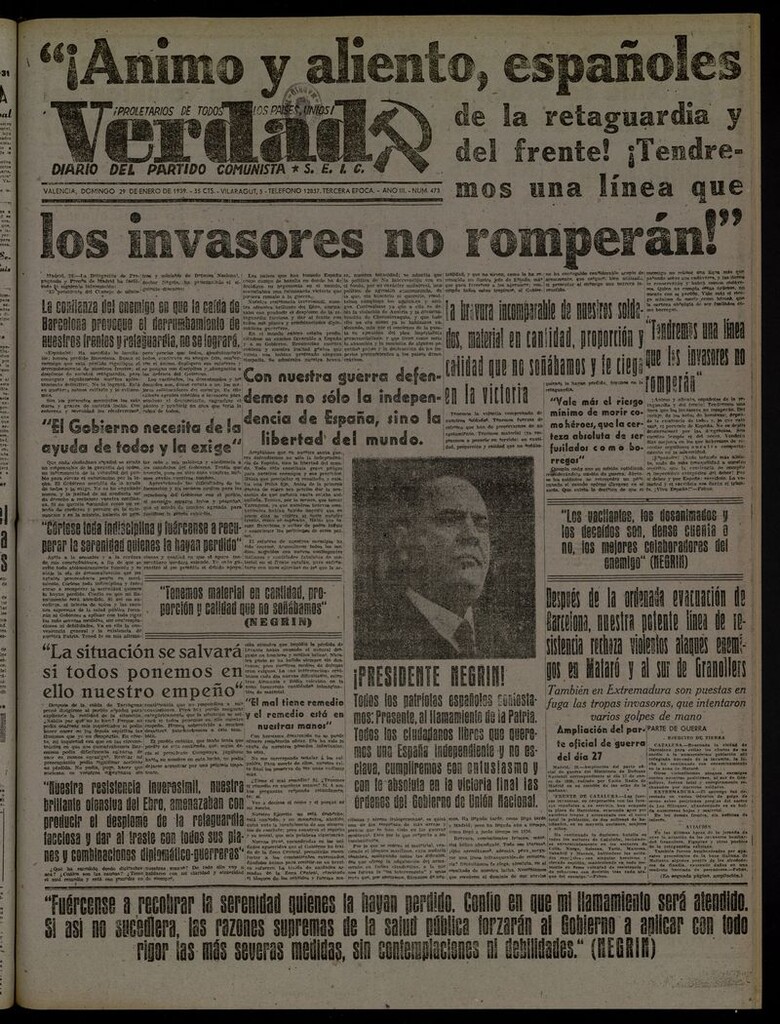 Miniatura de La Verdad: órgano del Partido Comunista del 29 de enero de 1939