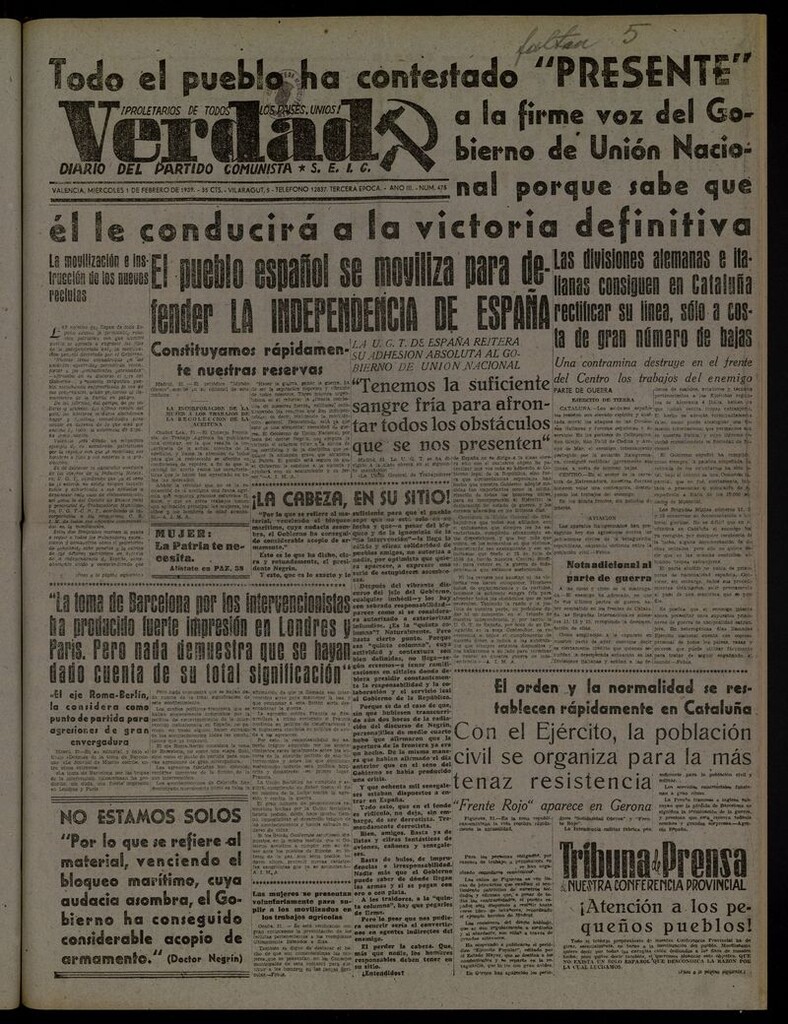 Miniatura de La Verdad: órgano del Partido Comunista del 1 de febrero de 1939