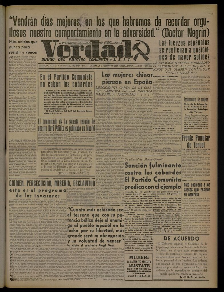 Miniatura de La Verdad: órgano del Partido Comunista del 7 de febrero de 1939