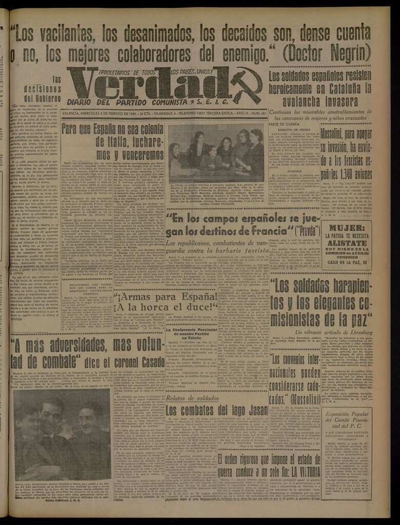 Miniatura de La Verdad: órgano del Partido Comunista del 8 de febrero de 1939