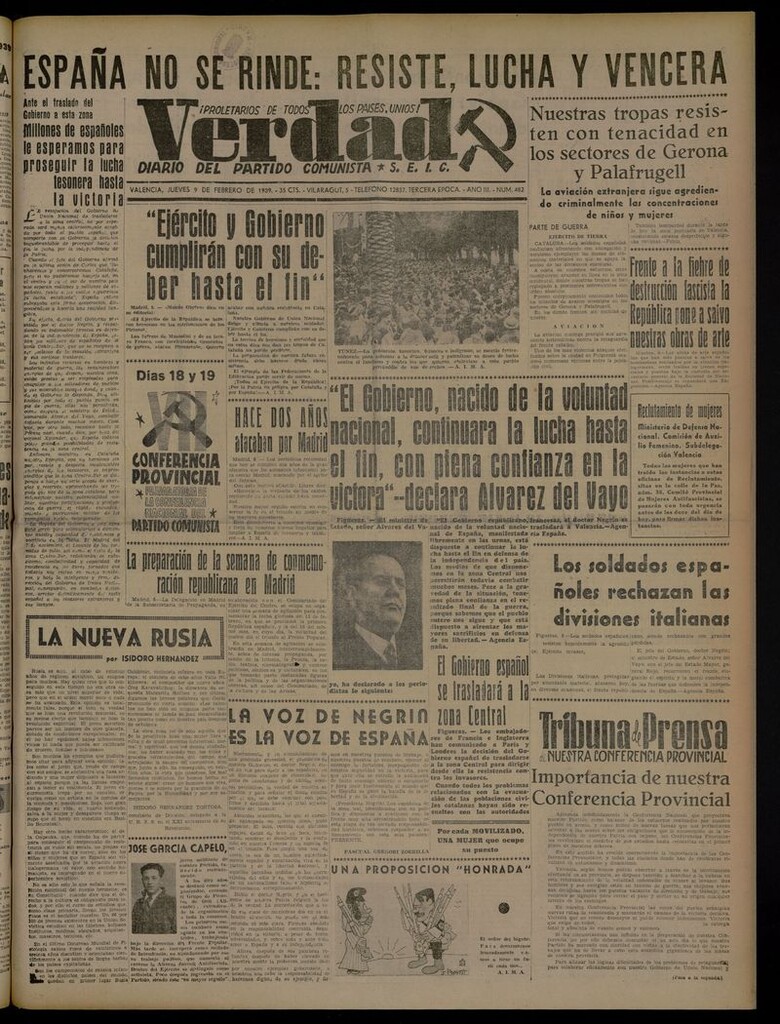 Miniatura de La Verdad: órgano del Partido Comunista del 9 de febrero de 1939