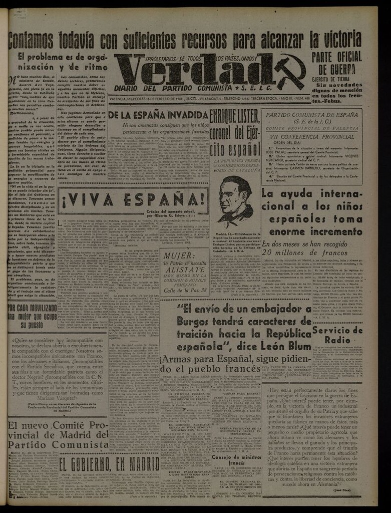 Miniatura de La Verdad: órgano del Partido Comunista del 15 de febrero de 1939