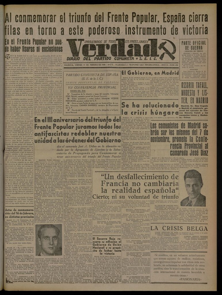 Miniatura de La Verdad: órgano del Partido Comunista del 17 de febrero de 1939