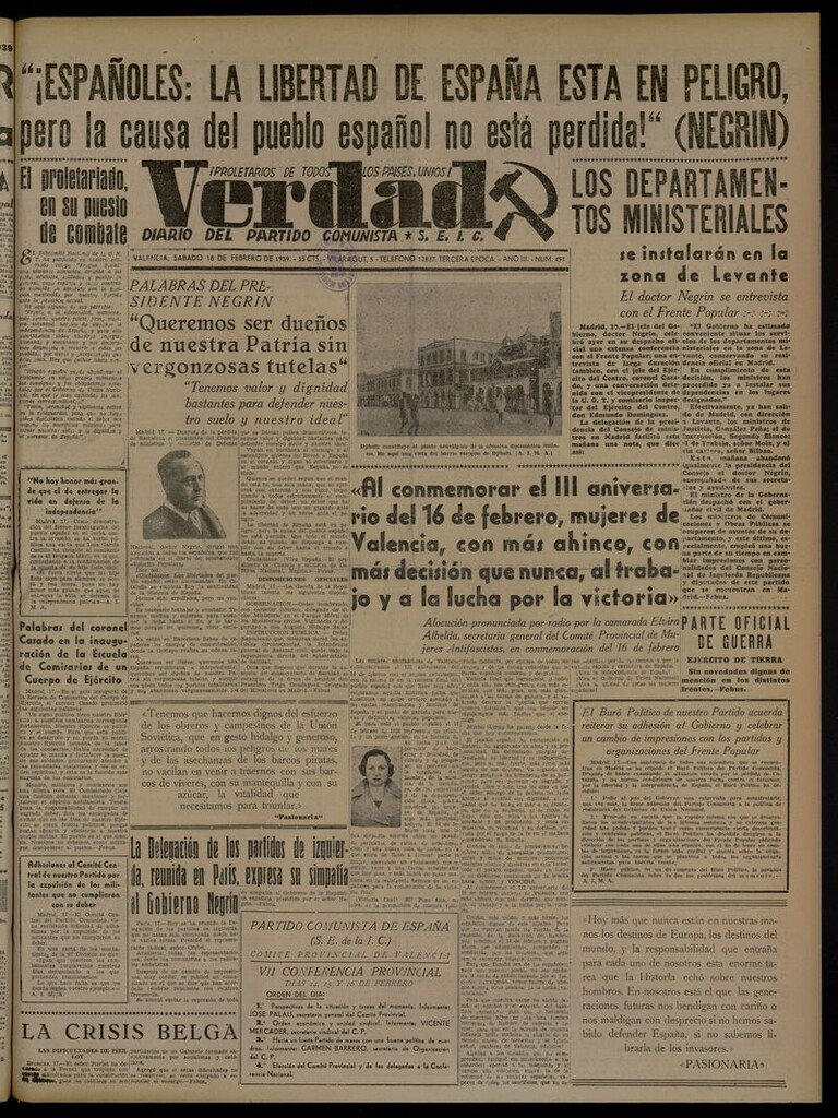 Miniatura de La Verdad: órgano del Partido Comunista del 18 de febrero de 1939