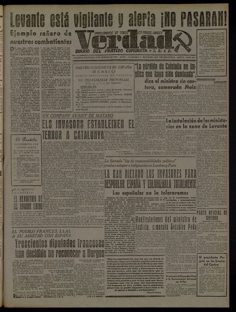 Miniatura de La Verdad: órgano del Partido Comunista del 19 de febrero de 1939