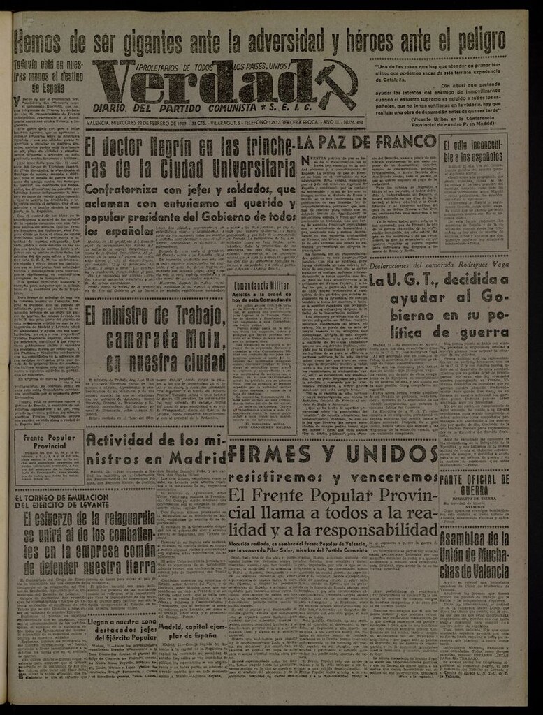 Miniatura de La Verdad: órgano del Partido Comunista del 22 de febrero de 1939