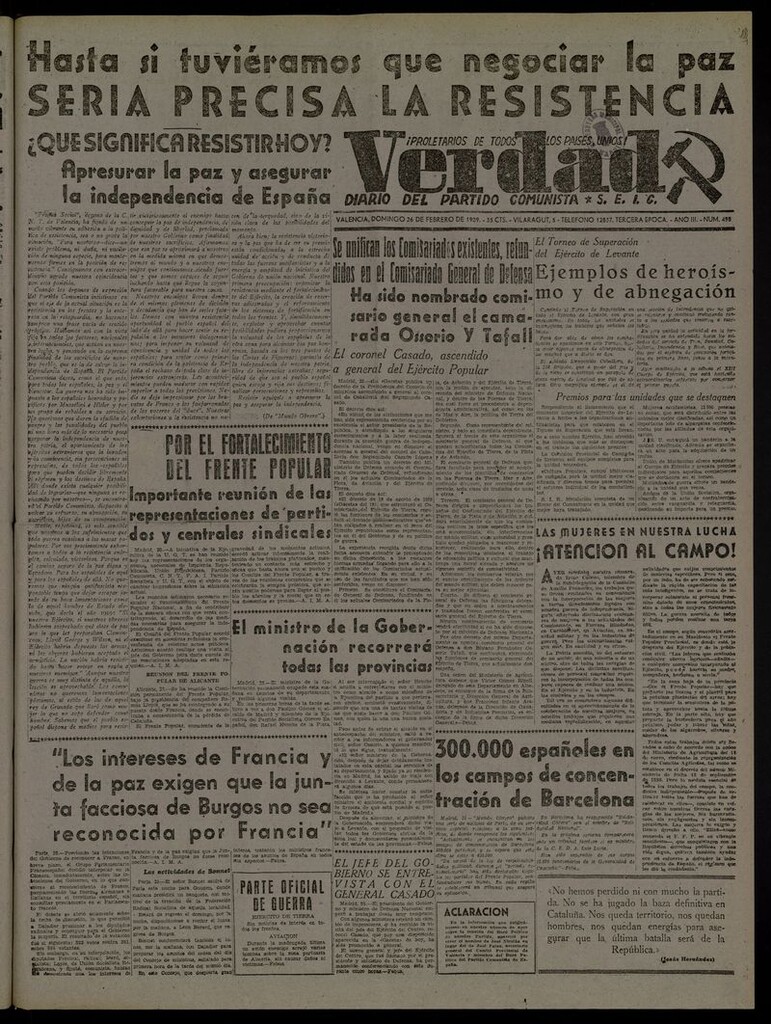 Miniatura de La Verdad: órgano del Partido Comunista del 26 de febrero de 1939