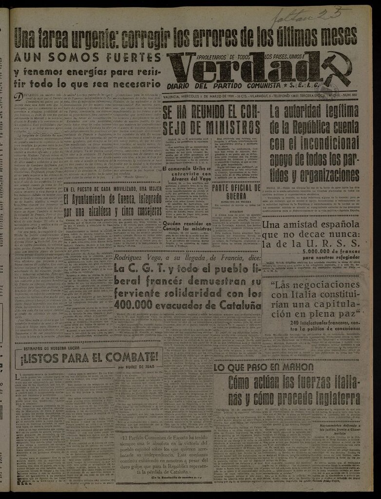 Miniatura de La Verdad: órgano del Partido Comunista del 1 de marzo de 1939