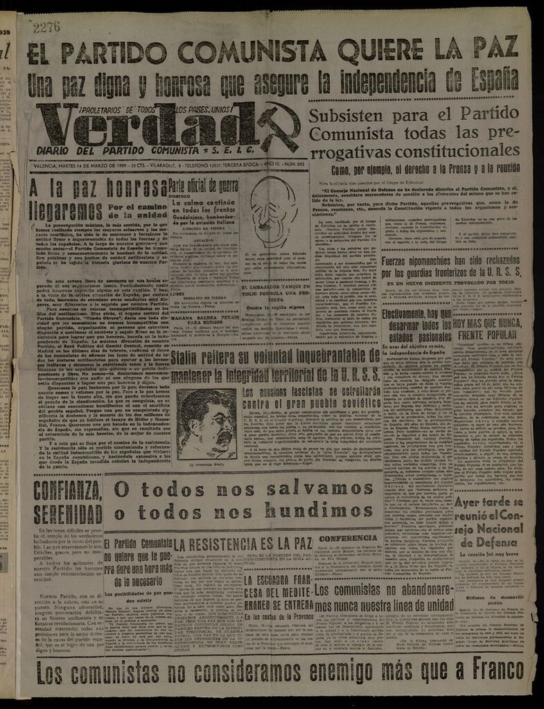 Miniatura de La Verdad: órgano del Partido Comunista del 14 de marzo de 1939