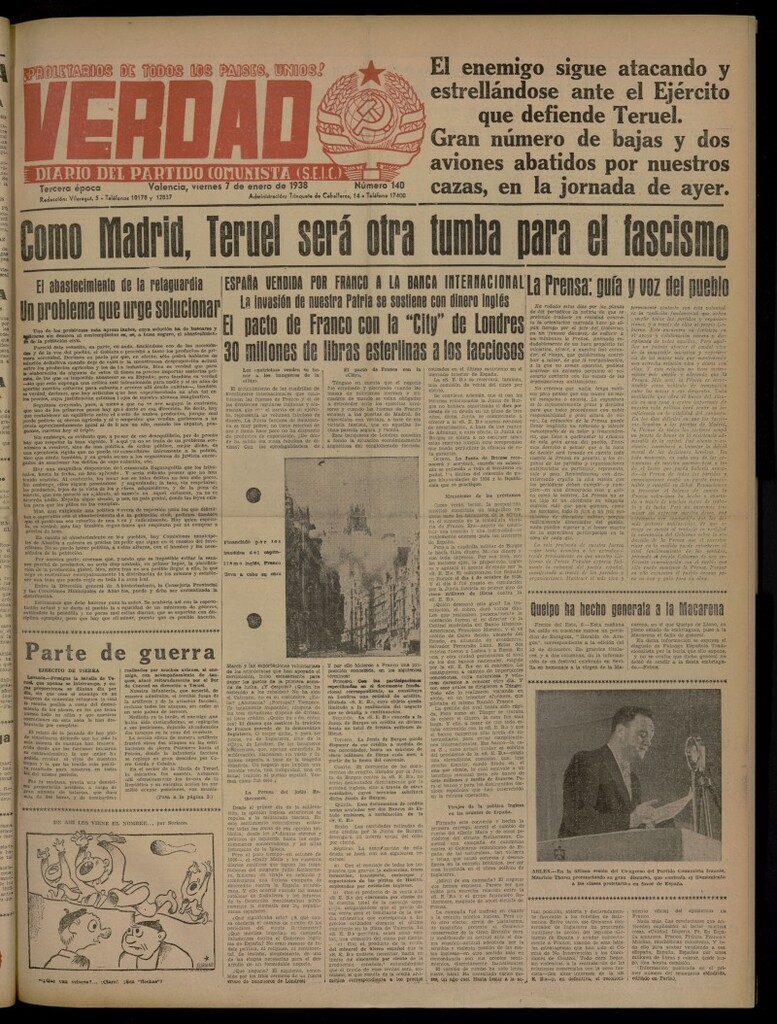 Miniatura de La Verdad: órgano del Partido Comunista del 7 de enero de 1938