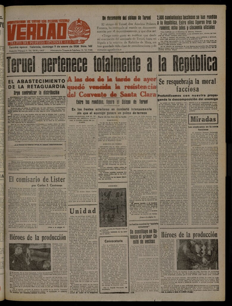 Miniatura de La Verdad: órgano del Partido Comunista del 9 de enero de 1938