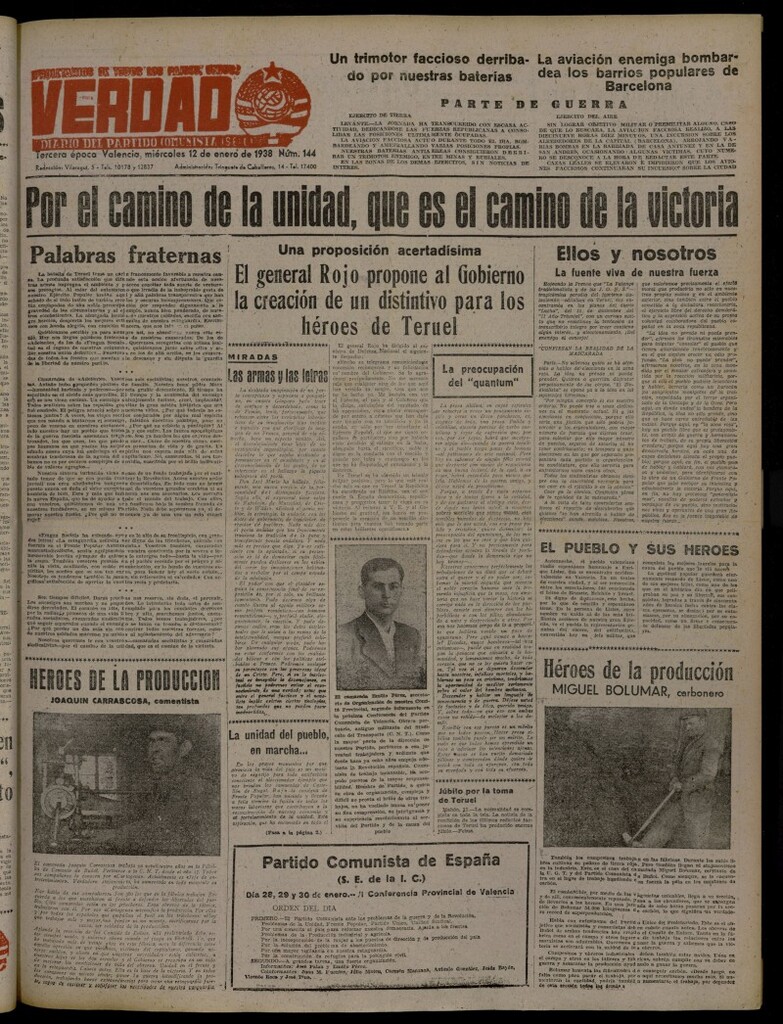 Miniatura de La Verdad: órgano del Partido Comunista del 12 de enero de 1938