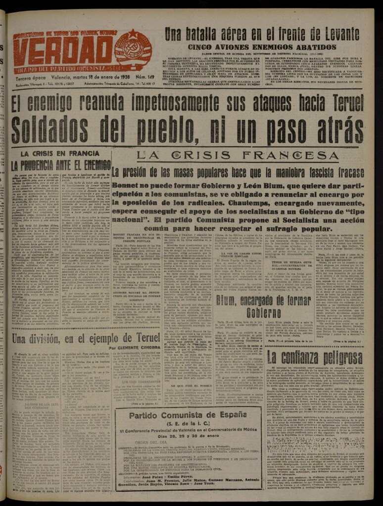 Miniatura de La Verdad: órgano del Partido Comunista del 18 de enero de 1938