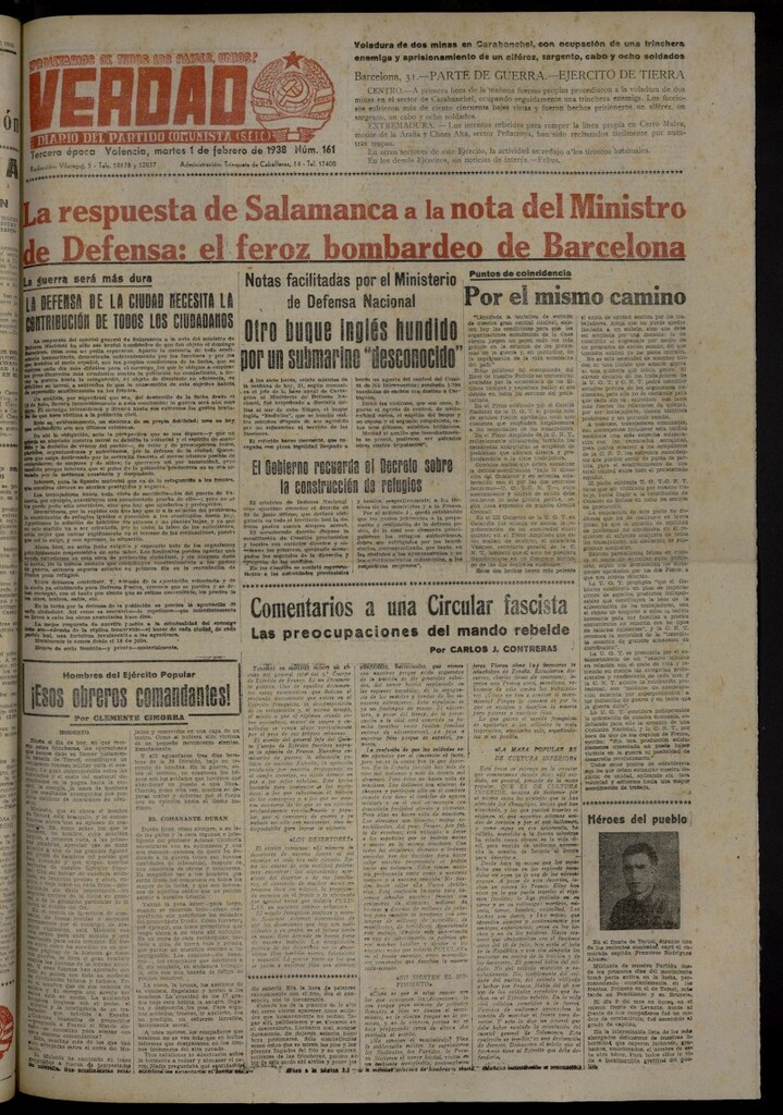 Miniatura de La Verdad: órgano del Partido Comunista del 1 de febrero de 1938