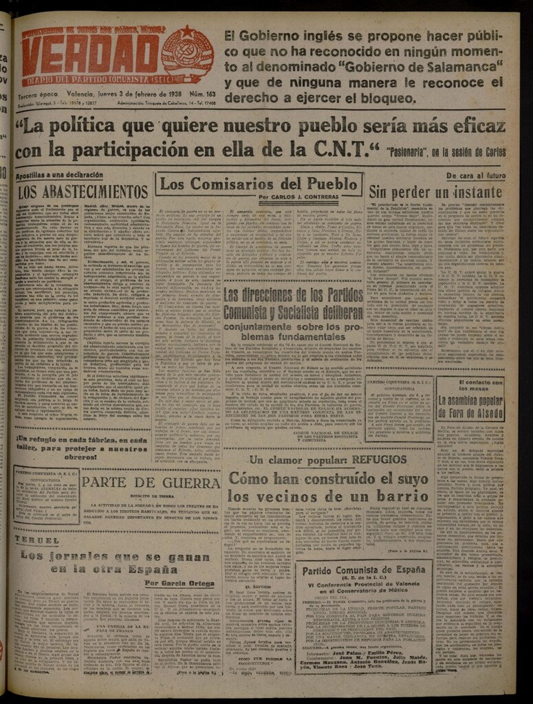 Miniatura de La Verdad: órgano del Partido Comunista del 3 de febrero de 1938