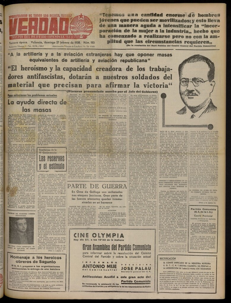Miniatura de La Verdad: órgano del Partido Comunista del 27 de febrero de 1938