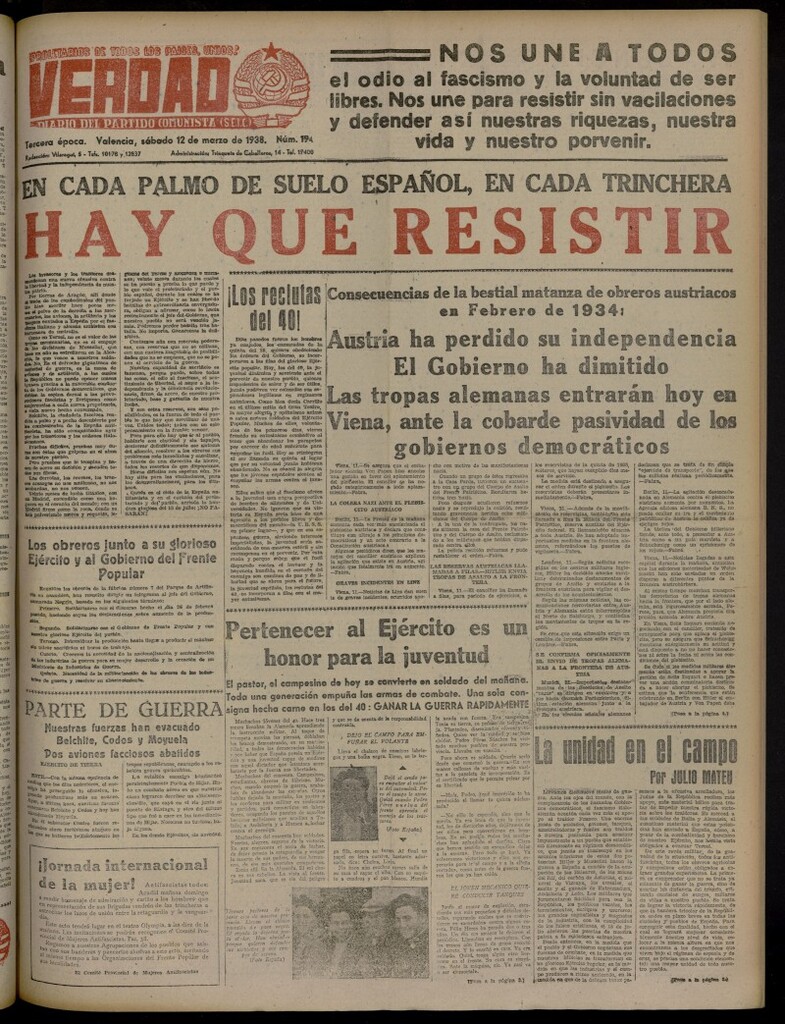 Miniatura de La Verdad: órgano del Partido Comunista del 12 de marzo de 1938
