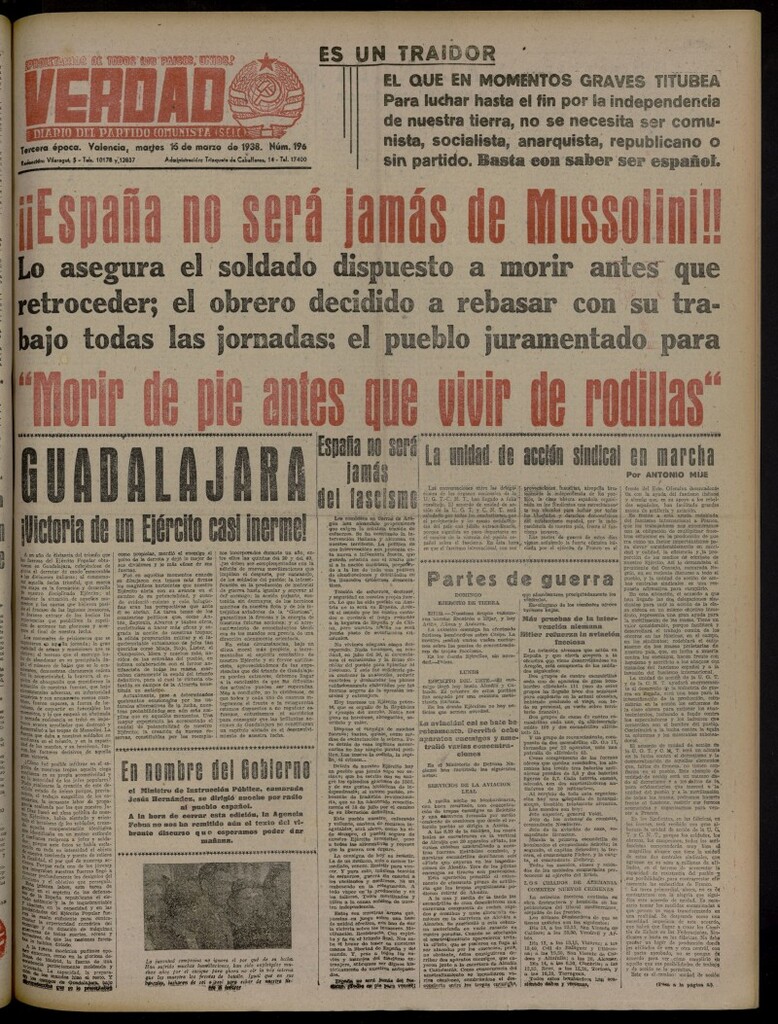 Miniatura de La Verdad: órgano del Partido Comunista del 15 de marzo de 1938