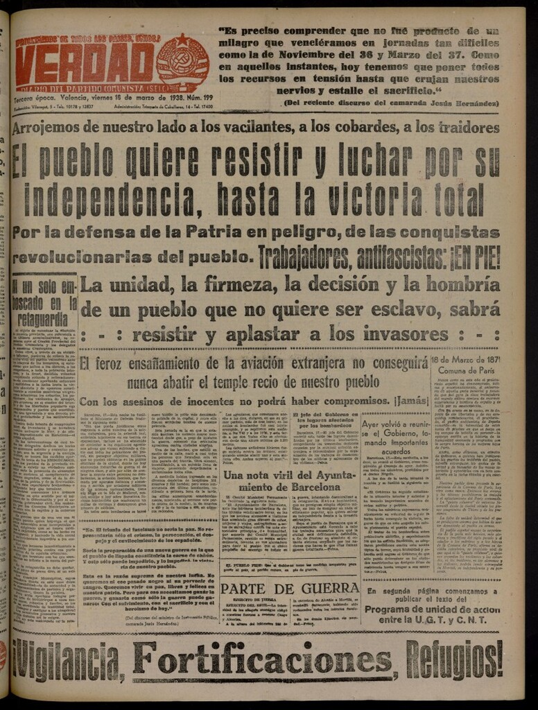 Miniatura de La Verdad: órgano del Partido Comunista del 18 de marzo de 1938