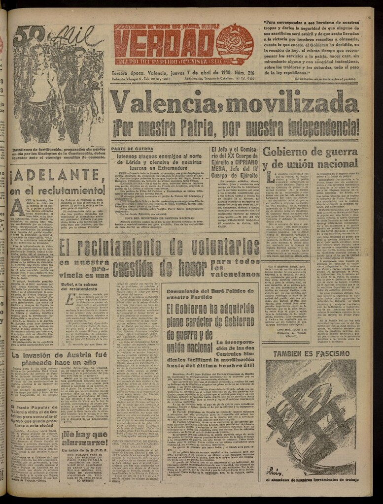 Miniatura de La Verdad: órgano del Partido Comunista del 7 de abril de 1938
