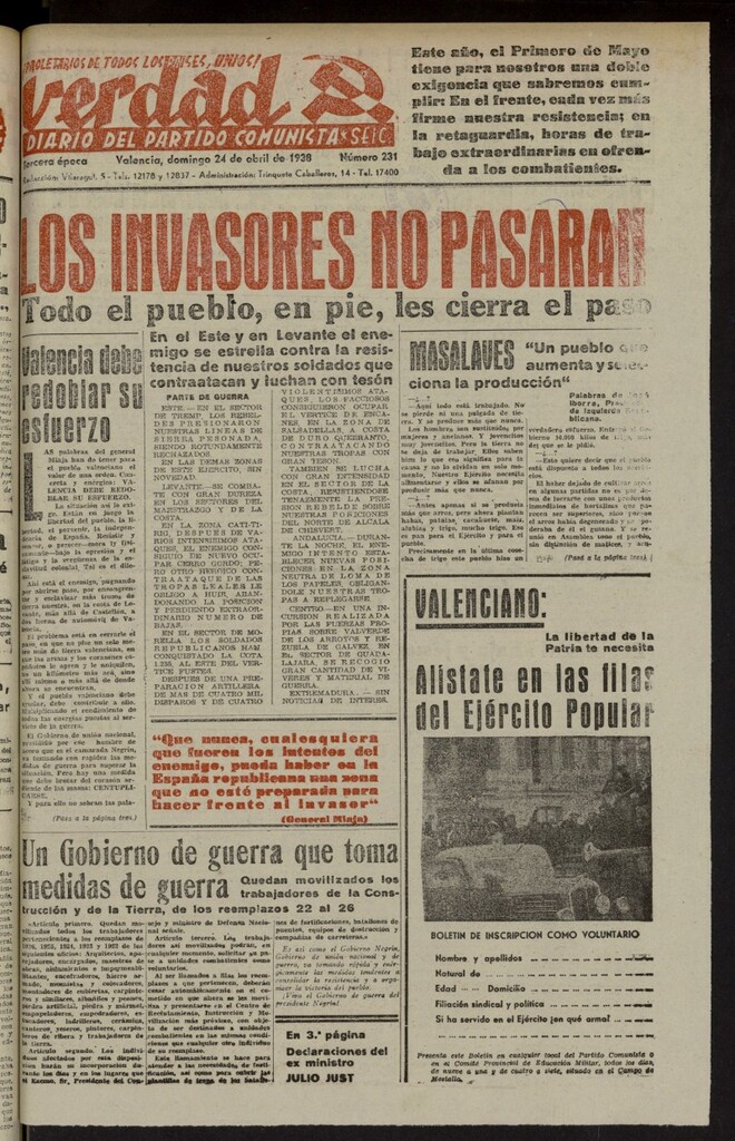 Miniatura de La Verdad: órgano del Partido Comunista del 24 de abril de 1938