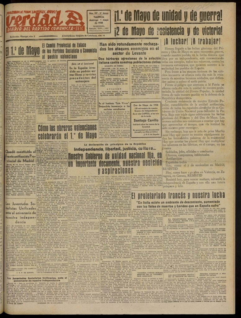 Miniatura de La Verdad: órgano del Partido Comunista del 1 de mayo de 1938
