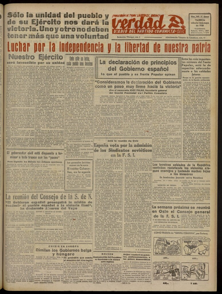 Miniatura de La Verdad: órgano del Partido Comunista del 14 de mayo de 1938