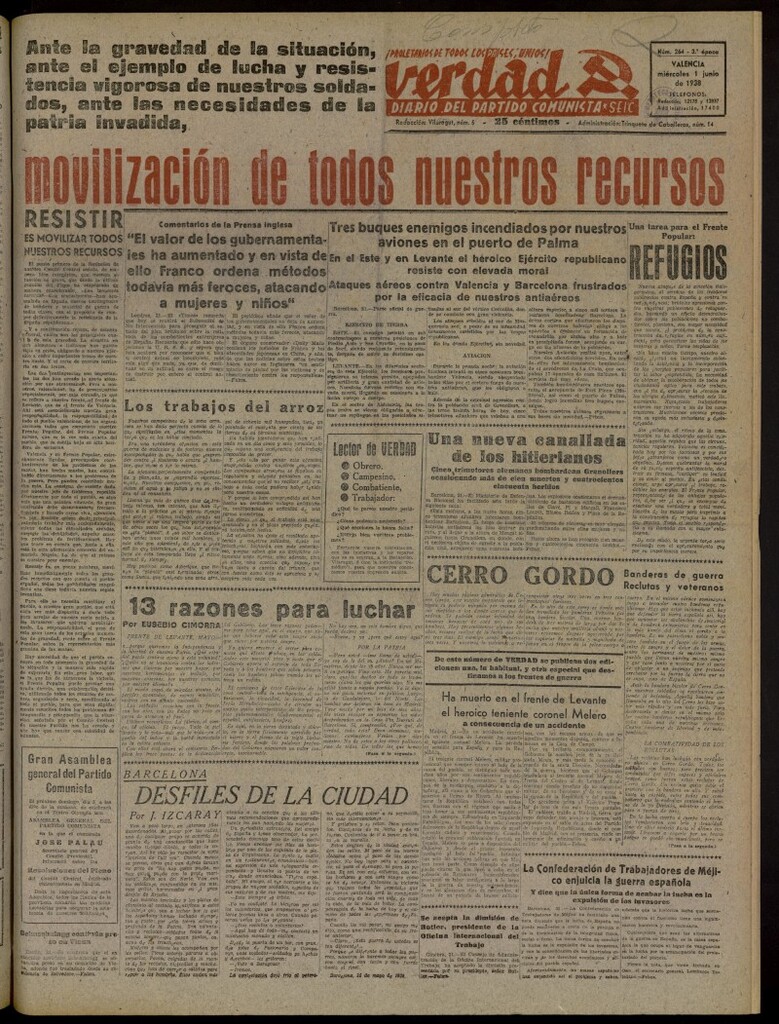 Miniatura de La Verdad: órgano del Partido Comunista del 1 de junio de 1938