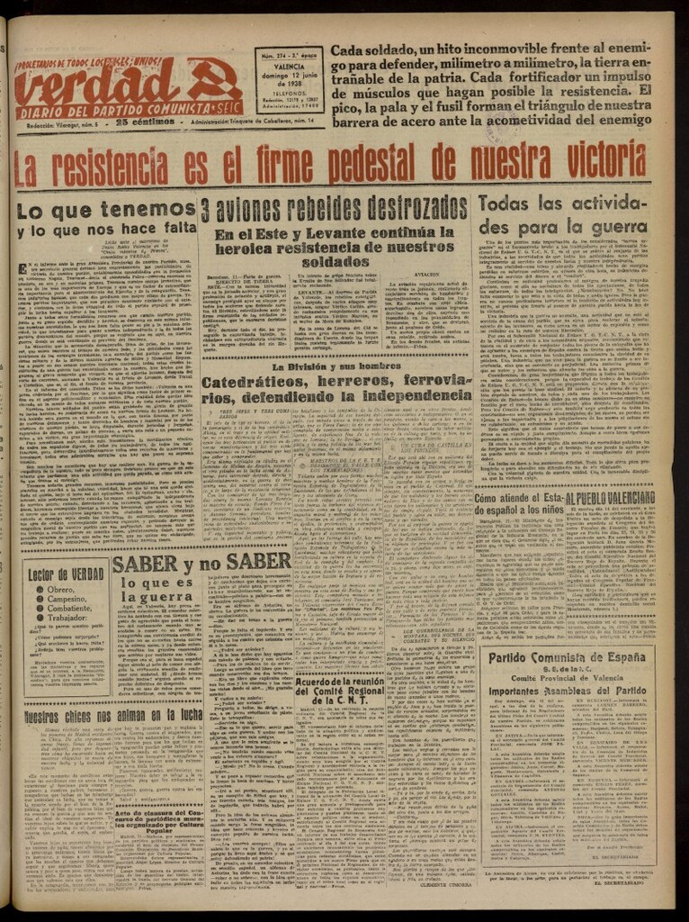 Miniatura de La Verdad: órgano del Partido Comunista del 12 de junio de 1938
