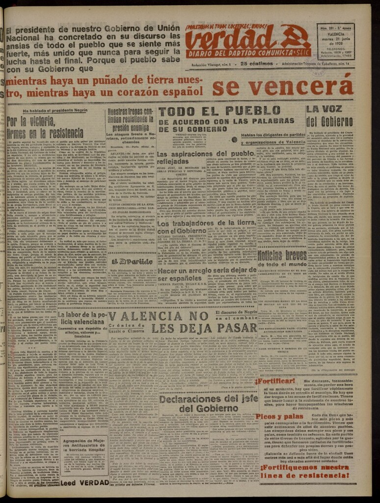 Miniatura de La Verdad: órgano del Partido Comunista del 21 de junio de 1938