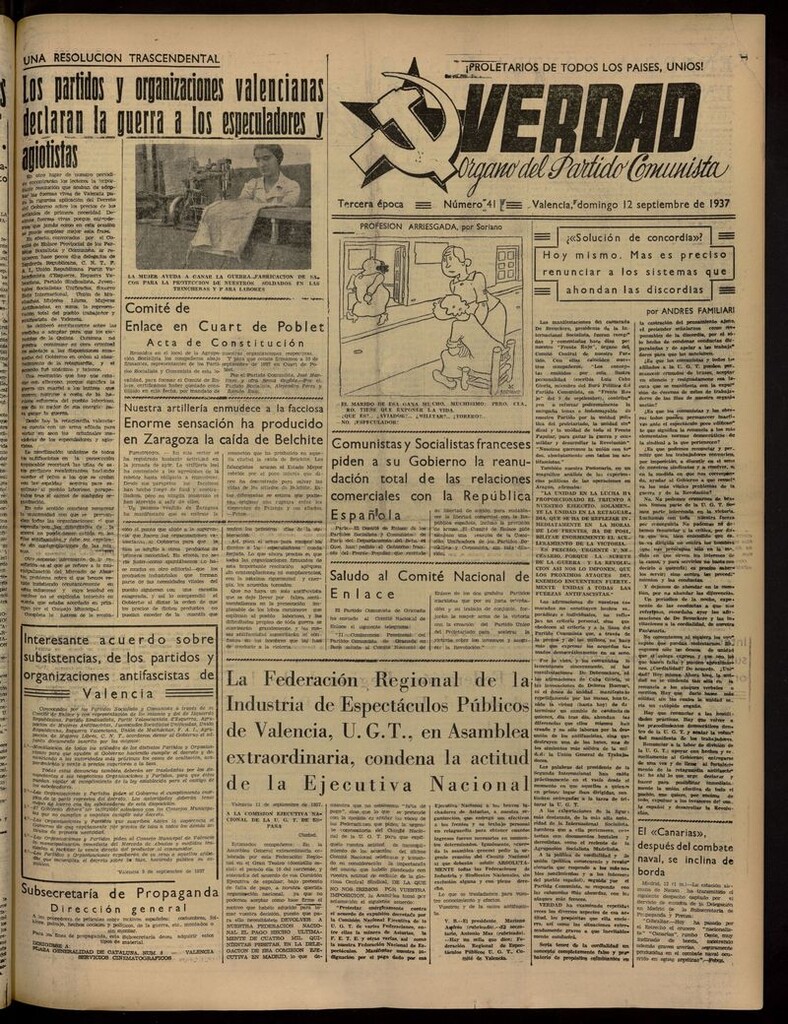 Miniatura de La Verdad: órgano del Partido Comunista del 12 de septiembre de 1937