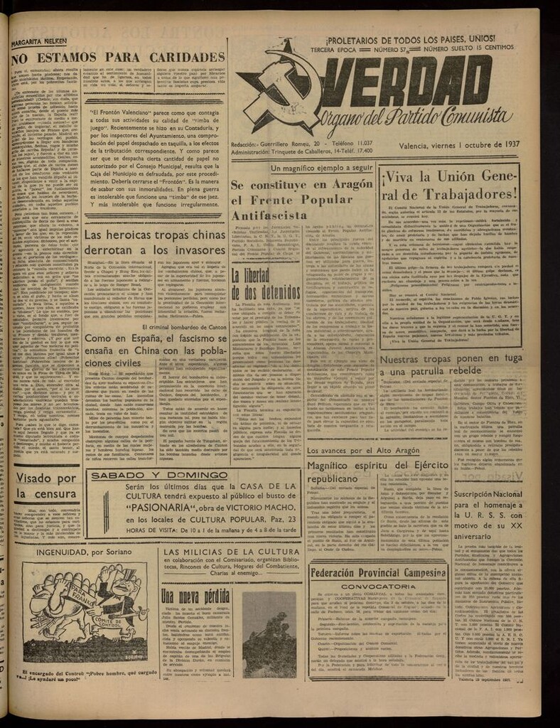 Miniatura de La Verdad: órgano del Partido Comunista del 1 de octubre de 1937