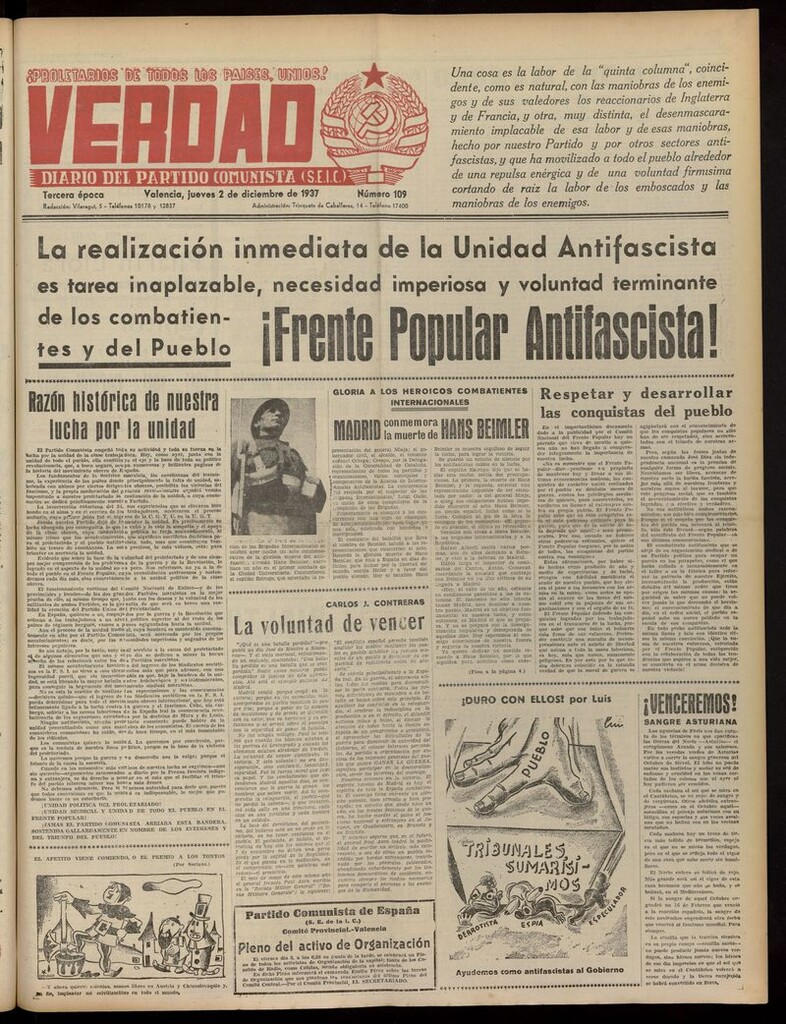 Miniatura de La Verdad: órgano del Partido Comunista del 2 de diciembre de 1937