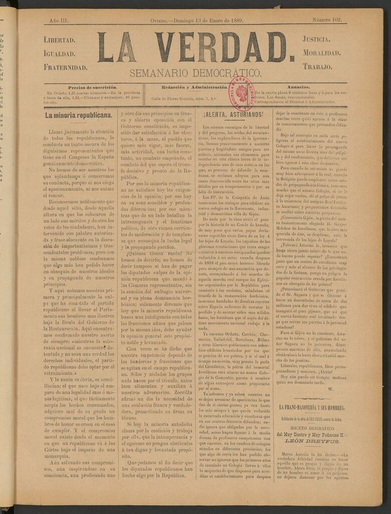Miniatura de La Verdad (Oviedo) del 13 de enero de 1889