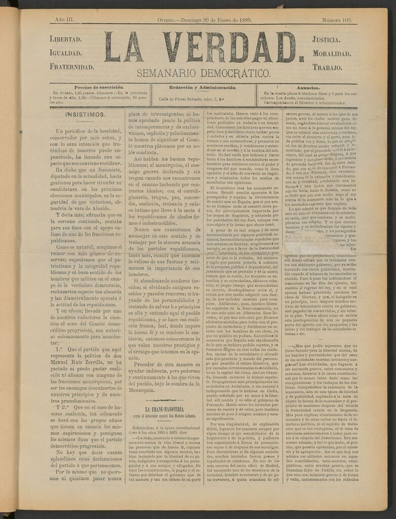 Miniatura de La Verdad (Oviedo) del 20 de enero de 1889