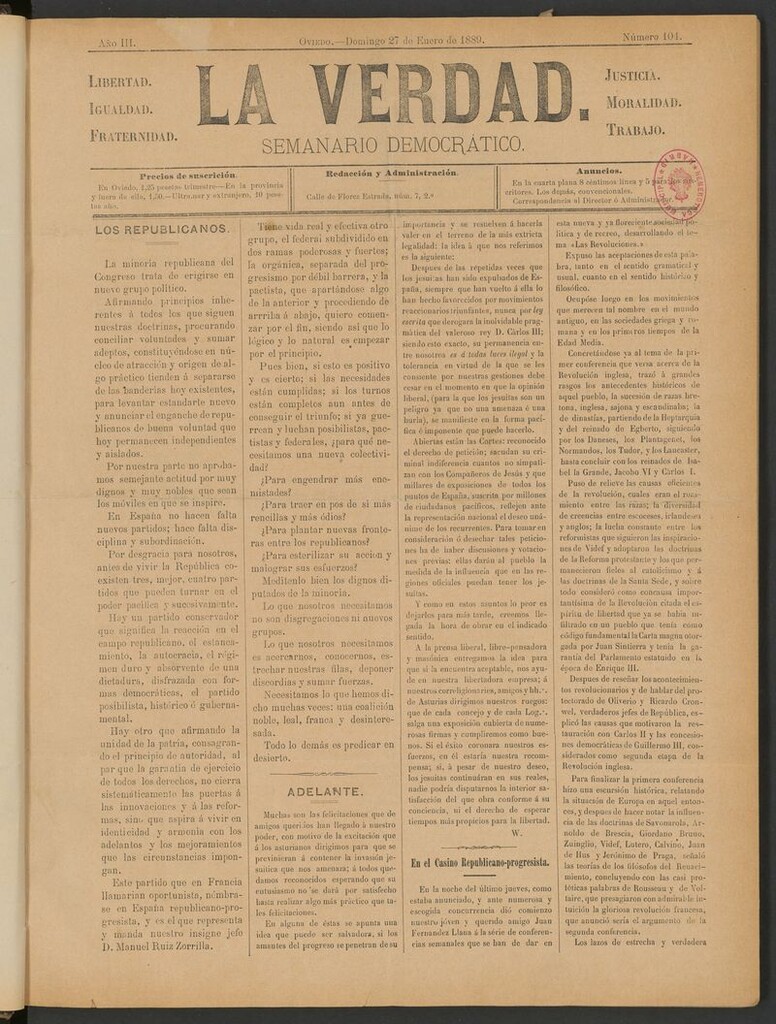 Miniatura de La Verdad (Oviedo) del 27 de enero de 1889