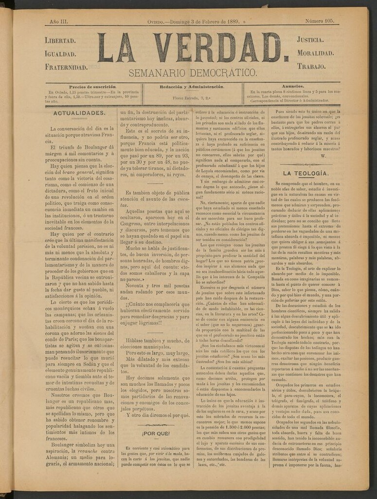 Miniatura de La Verdad (Oviedo) del 3 de febrero de 1889