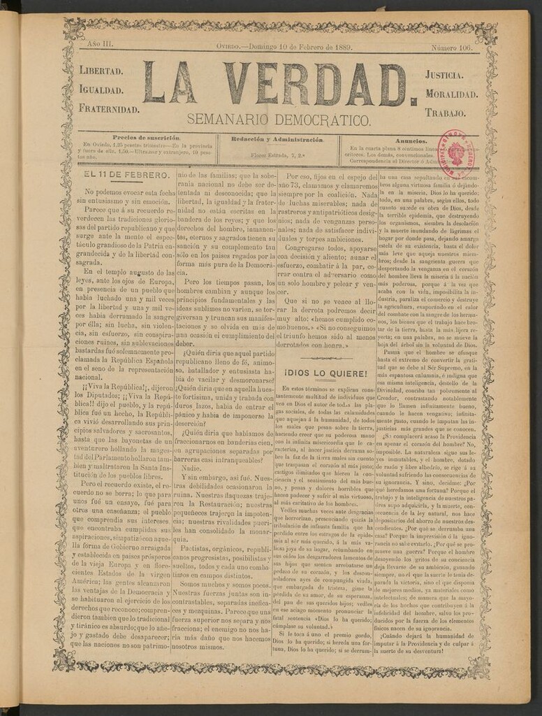 Miniatura de La Verdad (Oviedo) del 10 de febrero de 1889