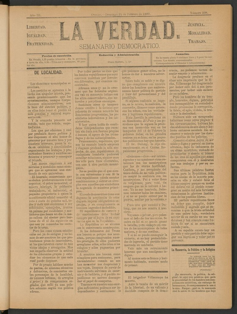 Miniatura de La Verdad (Oviedo) del 24 de febrero de 1889
