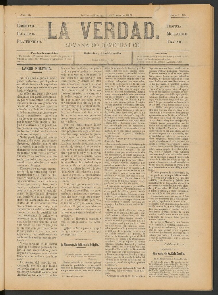 Miniatura de La Verdad (Oviedo) del 10 de marzo de 1889