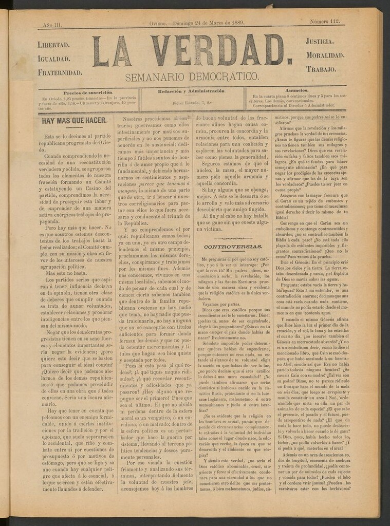 Miniatura de La Verdad (Oviedo) del 24 de marzo de 1889
