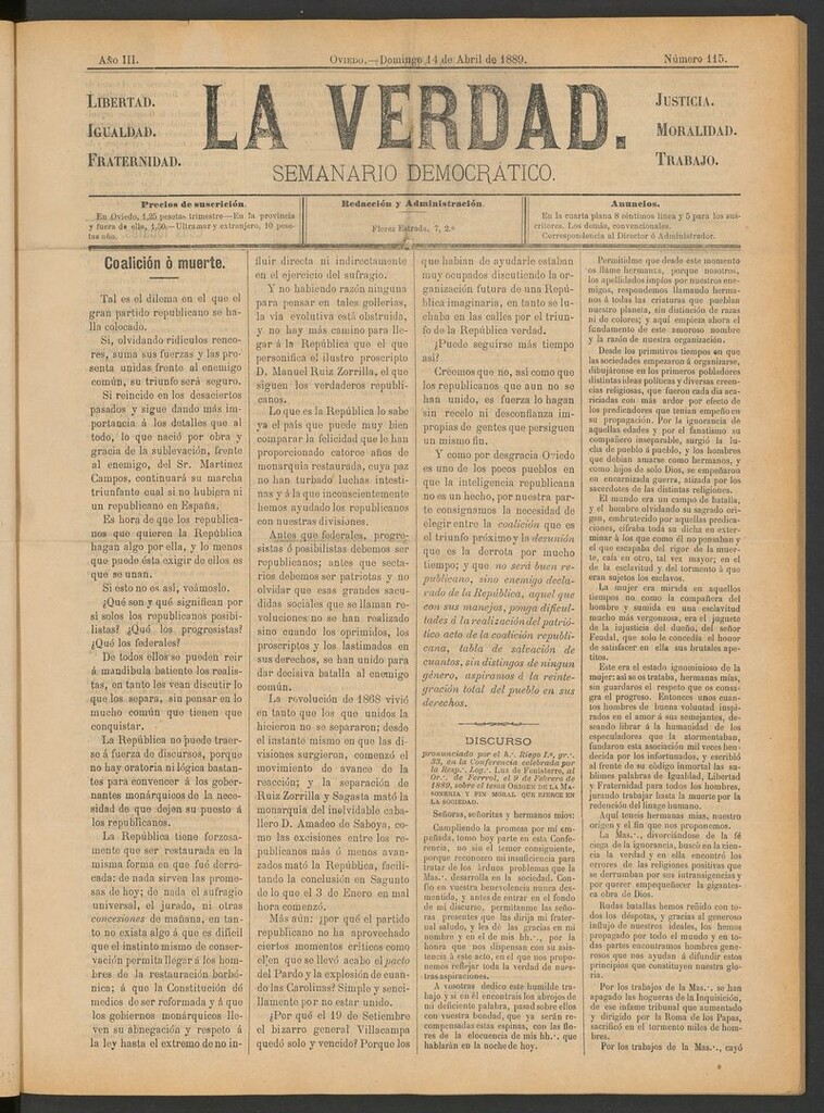 Miniatura de La Verdad (Oviedo) del 14 de abril de 1889