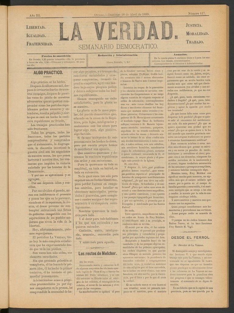 Miniatura de La Verdad (Oviedo) del 28 de abril de 1889