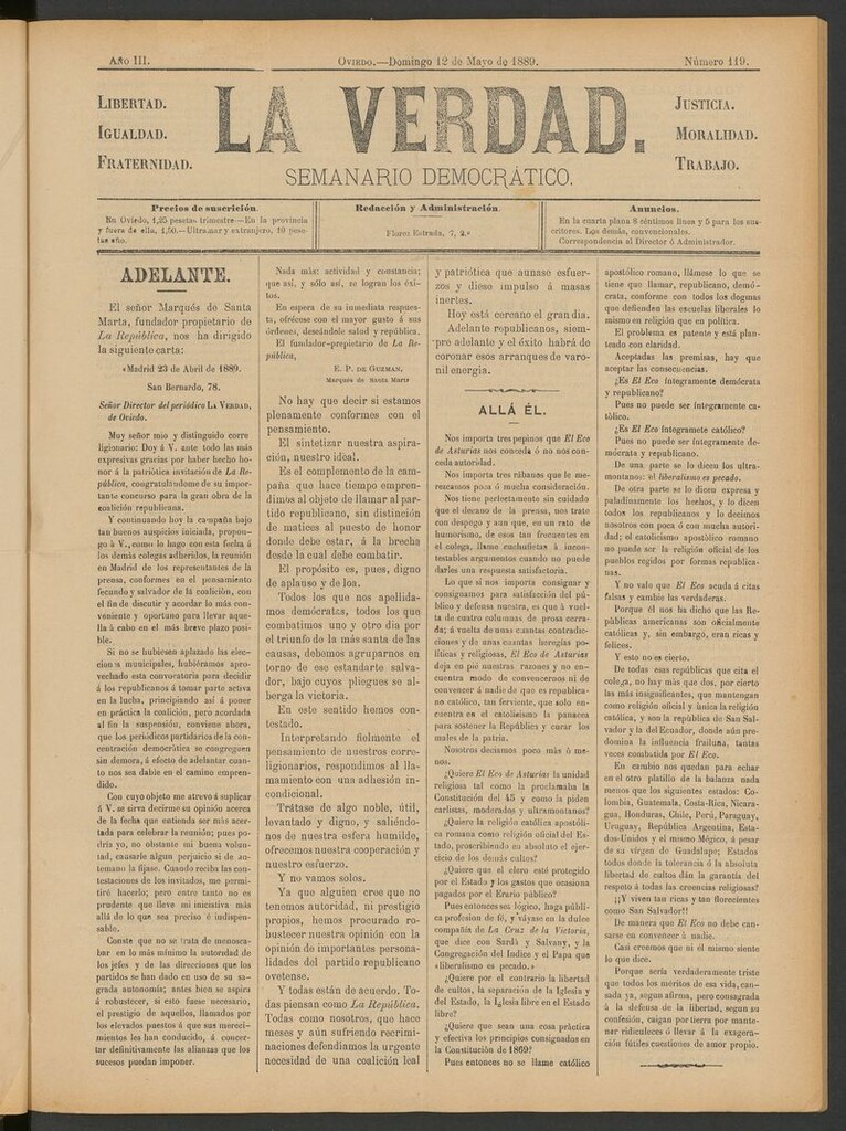 Miniatura de La Verdad (Oviedo) del 12 de mayo de 1889