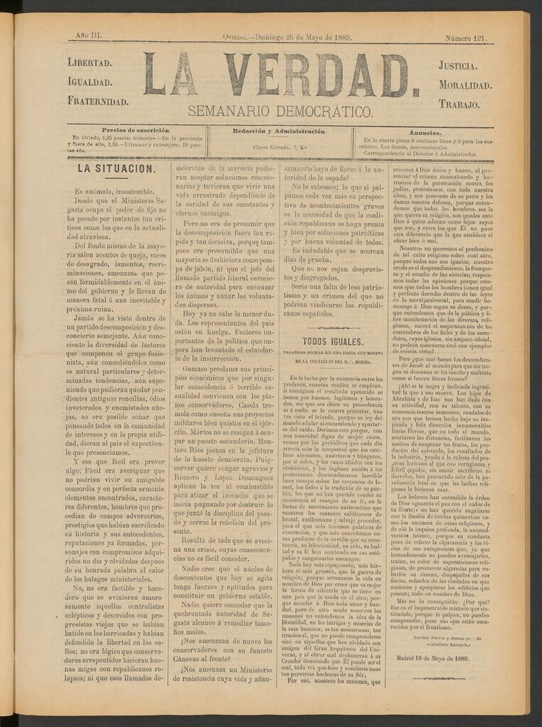 Miniatura de La Verdad (Oviedo) del 26 de mayo de 1889