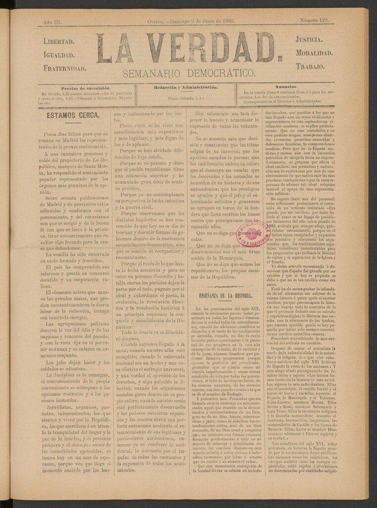 Miniatura de La Verdad (Oviedo) del 9 de junio de 1889