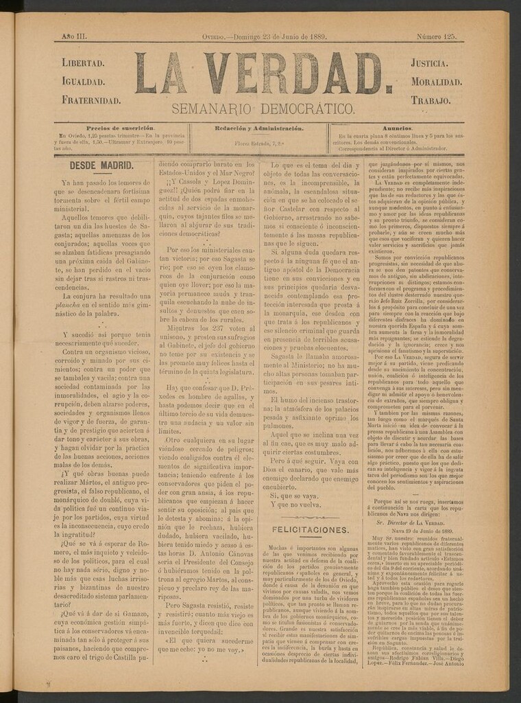 Miniatura de La Verdad (Oviedo) del 23 de junio de 1889