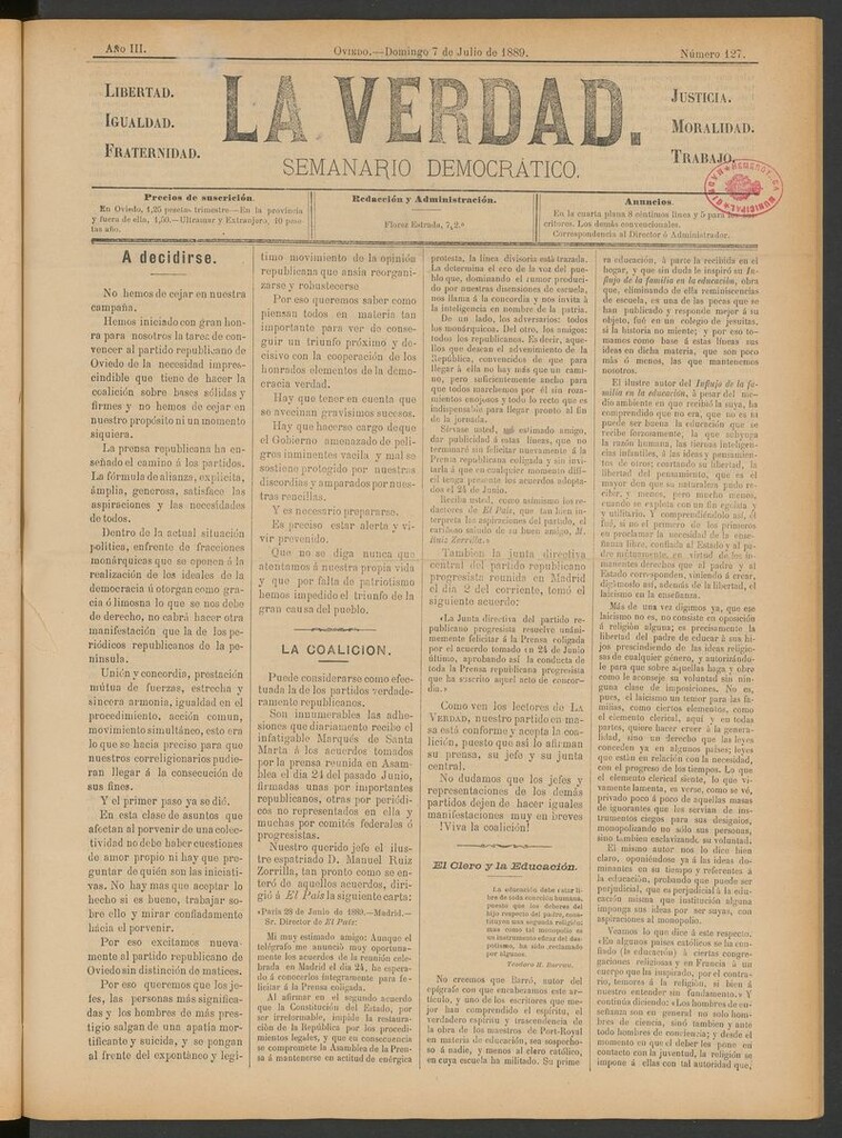Miniatura de La Verdad (Oviedo) del 7 de julio de 1889