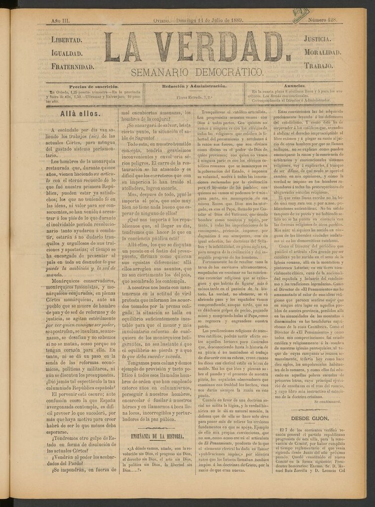 Miniatura de La Verdad (Oviedo) del 14 de julio de 1889